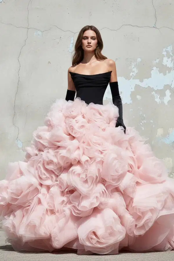 Pink and Black Tiered Ruffled Gown - Dresses