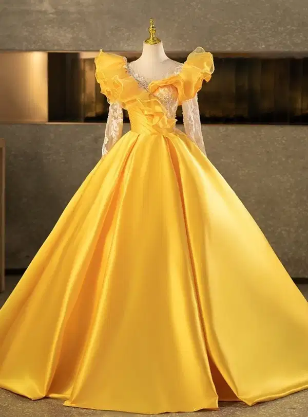 Yellow Satin Long Sleeve Sequins Quinceanera Dress - Dresses