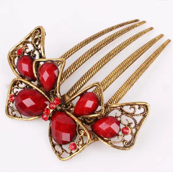 Red Crystal & Gold Hair Comb - Quinceañera Headpieces