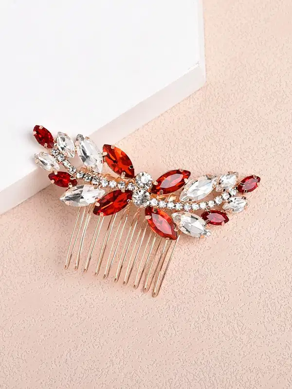 Red and Silver Rhinestone Hair Comb - Headpieces