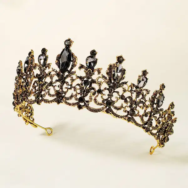 Retro Hallow Gold and Black Crystal Tiara - Headpieces