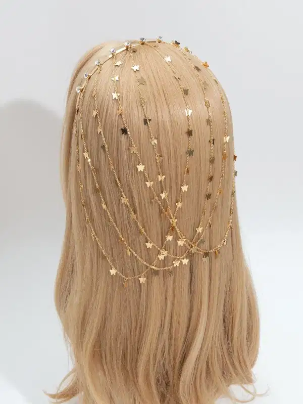 Butterfly Gold Rhinestone Fringe Layered Headband - Headpieces