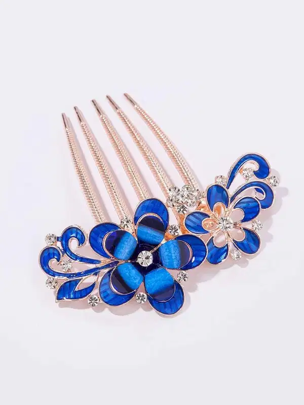 Vintage Blue Rhinestone Crystal Hair Comb - Headpieces
