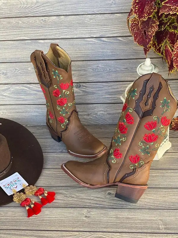 Rose Embroidered Cowboy Boots - Shoes