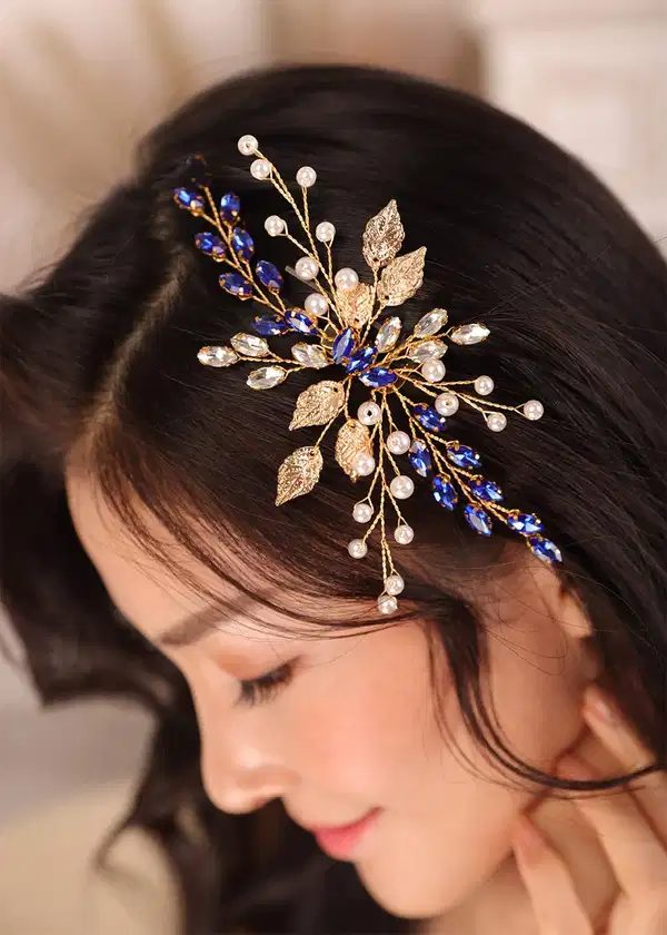Blue and Gold Hair Comb - Headpieces