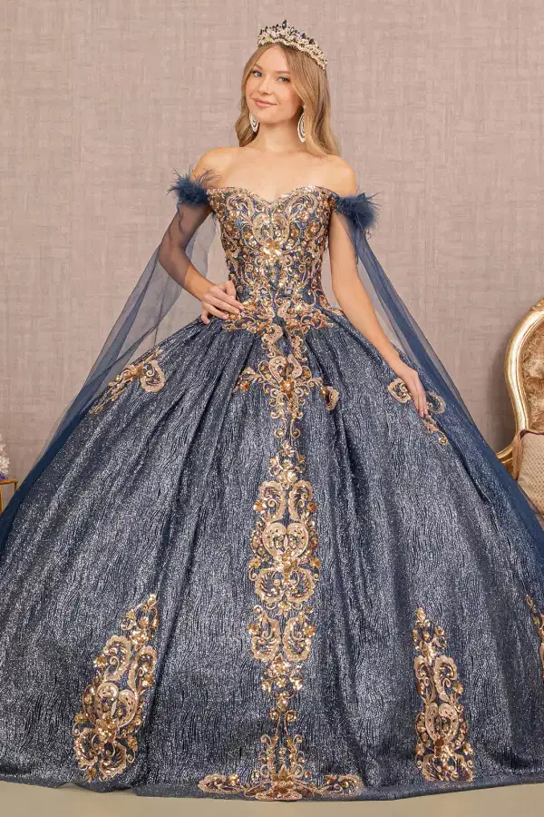 Blue Feathered Cape Quinceanera Ballgown - Dresses