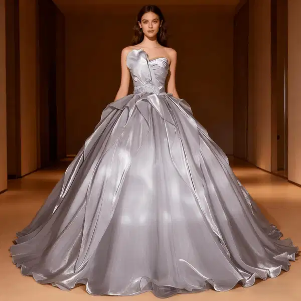 Gray Strapless Tulle Ball Gown - Dresses