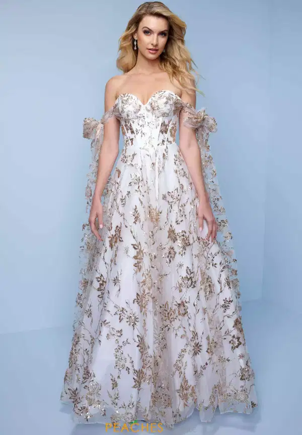 Splash Embellished Gown in White Gold - Dresses
