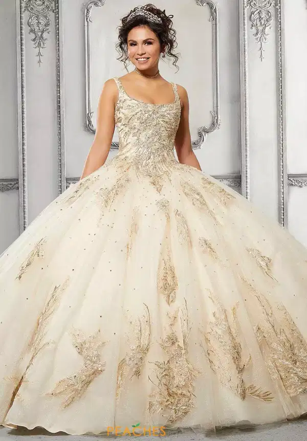 Vizcaya Champagne Gold Spaghettin Strap Gown - Quinceañera Dresses