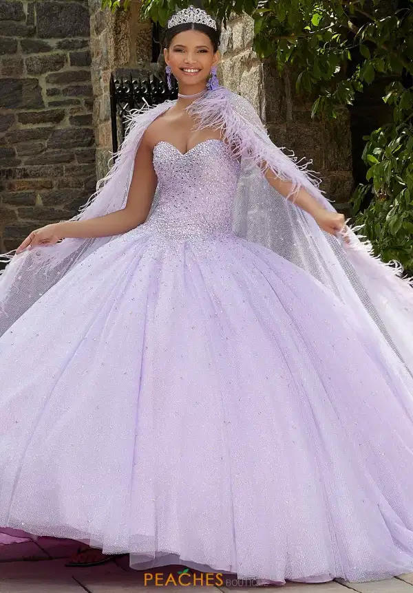 Glittery Caped Lilac Mis Quince Gown - Dresses