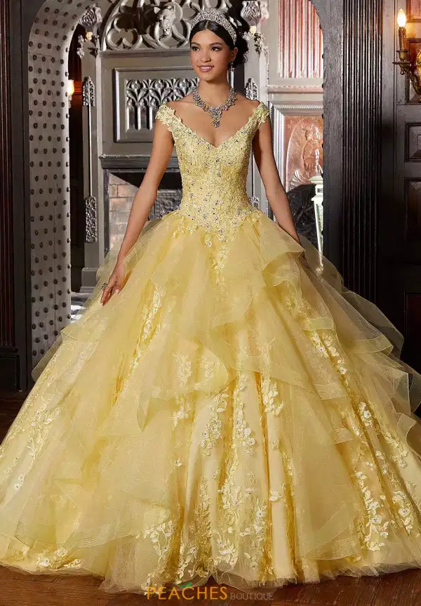 Yellow Crystal Tulle Gown with Shawl - Dresses