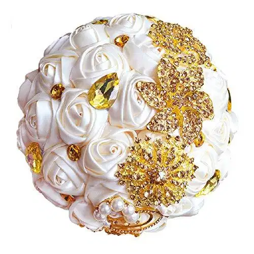 White and Yellow Silk Rose Rhinestone Bouquet - Ramos