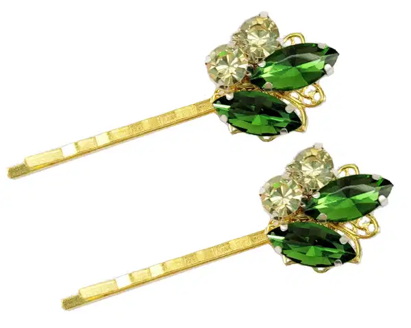 Yellow Green Rhinestone Hair Pins - Headpieces
