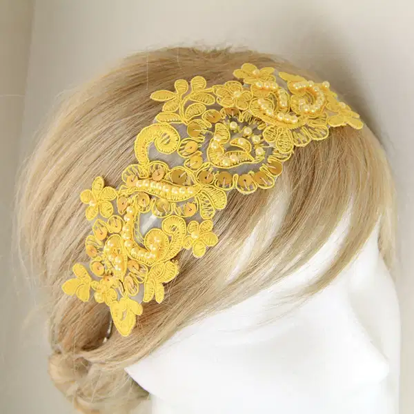 Yellow Pearl Beaded Lace Headband - Headpieces