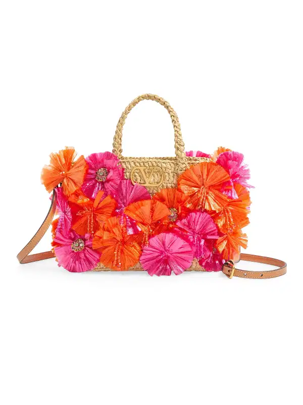 Embellished Floral Raffia VLogo Handbag - Purses