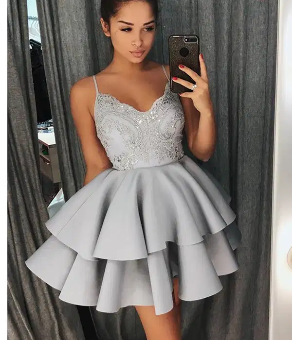 Gray Spaghetti Short Cocktail Party Dresses - Dresses