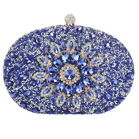 Blue Floral Rhinestone Embellished Clutch - Purses