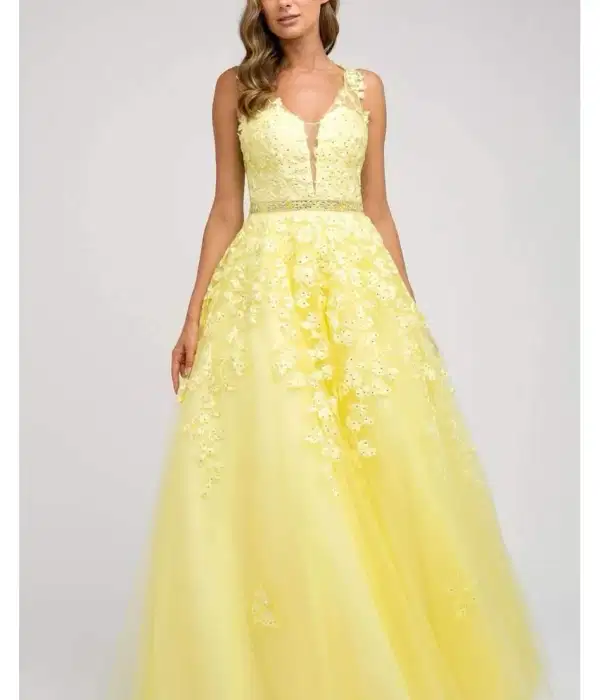 Yellow Long Dress with Floral Appliqué - Dresses