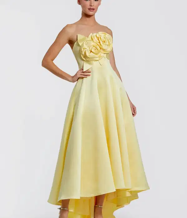 Yellow Strapless Satin High Low Gown - Dresses