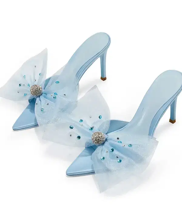 Blue Pointy Toe Rhinestone Mules - Quinceañera Shoes