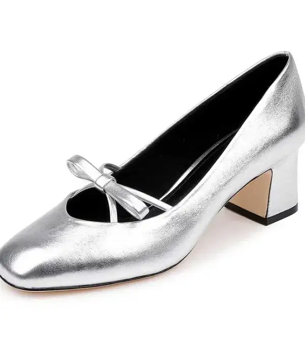 Silver Metallic Chunky Heel Pumps - Shoes