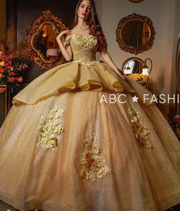 3D Floral Gold Glitter Quinceanera Dress - Dresses