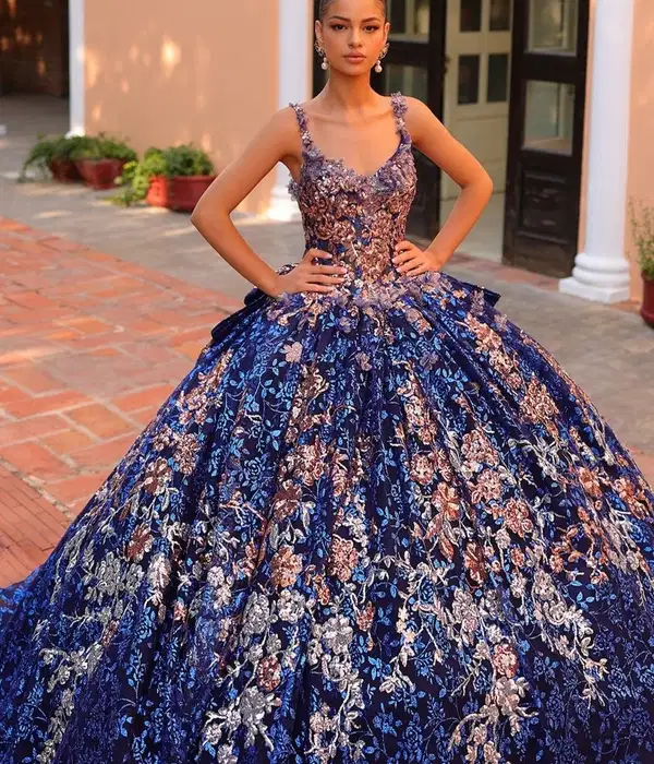 Royal Blue Metallic Mis Quince Gown - Dresses
