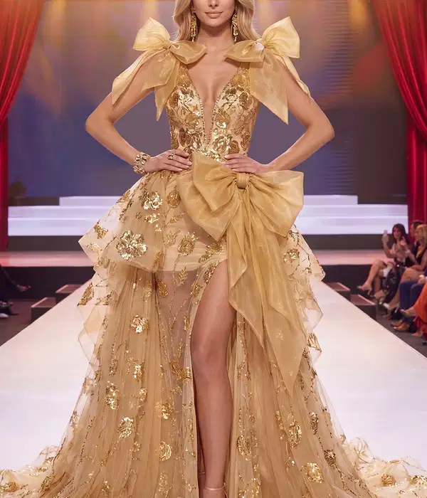 Sparkly Gold Ruffled Gown - Dresses