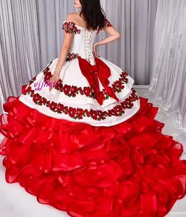 Red and White Ruffled Charro Ball Gown - Dresses