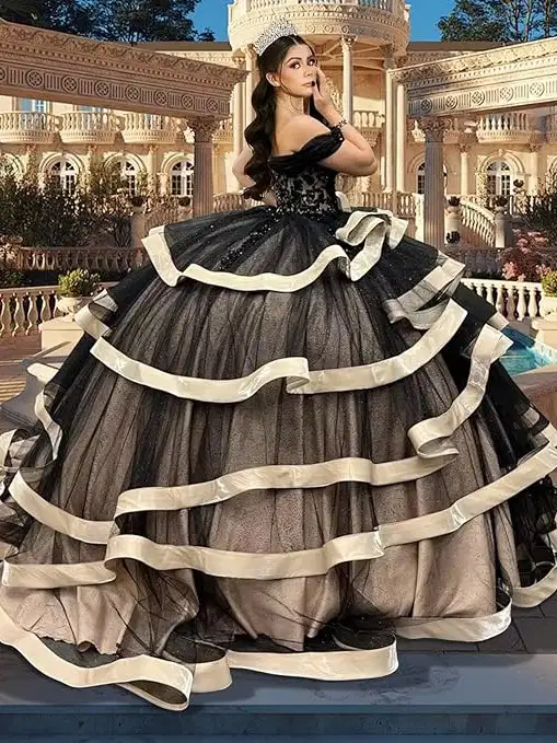 Black Tulle Tiered Quinceanera Gown - Dresses