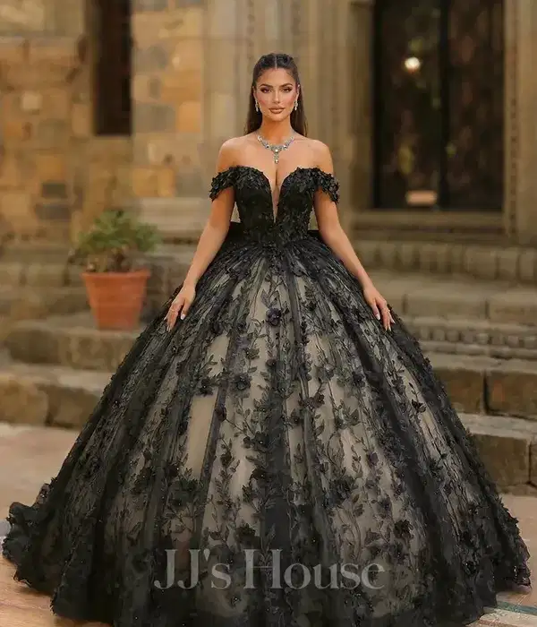 Black Ball Gown Off the Shoulder Dress - Dresses