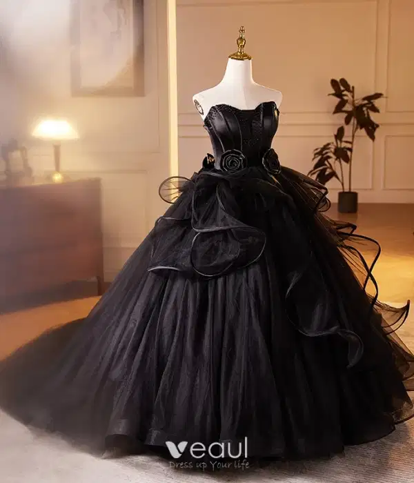 Fashion Black Appliques Cascading Gown - Dresses