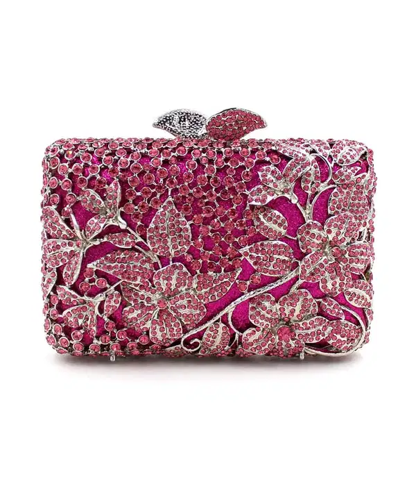 Blooming Pink Flowers Rhinestone Clutch - Purses
