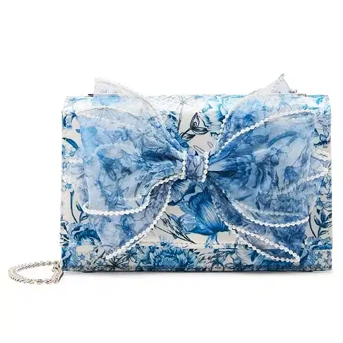 Blue and White Pearl Trimmed Bow Bag - Purses