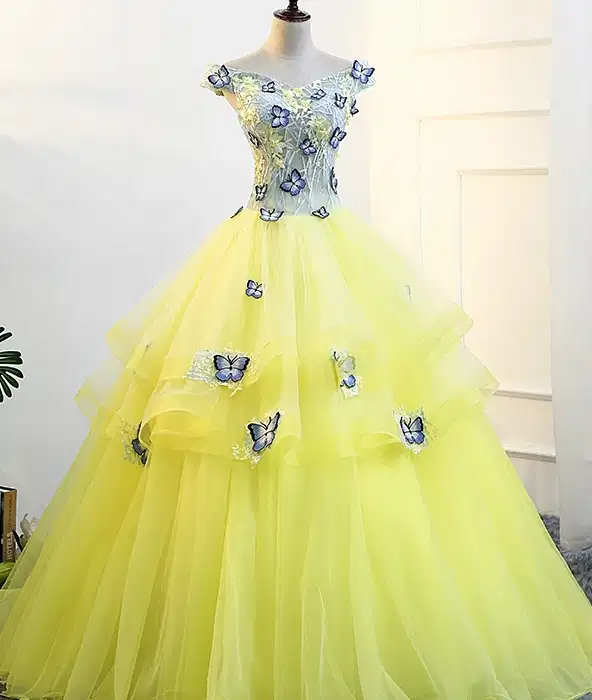 Yellow Tulle Off The Shoulder Applique Gown - Dresses