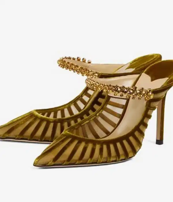 Embellished Bronze Velvet Pointed-Toe Mules - Shoes