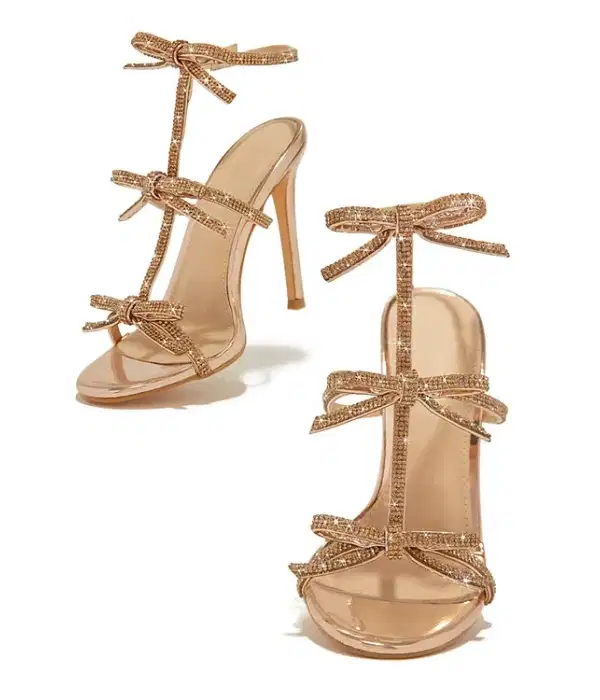 Bronze T-Strap Heels Rhinestone Sandals - Shoes