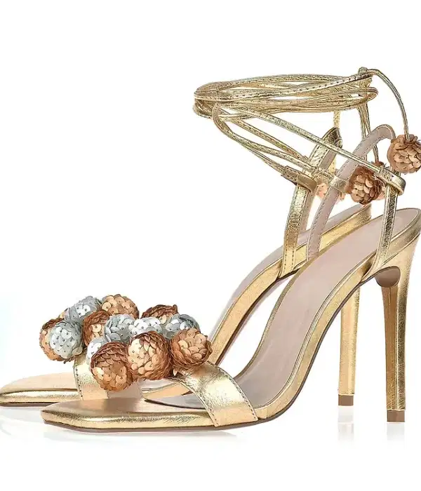 Bronze Stiletto Lace Up Sandals - Shoes