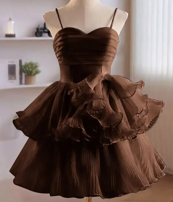 Ruffles Tiered Short Brown Mis Quince Dress - Dresses