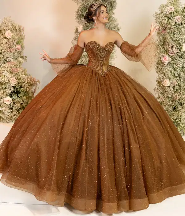 Brown Beaded Mis Quince Sweetheart Dress - Dresses
