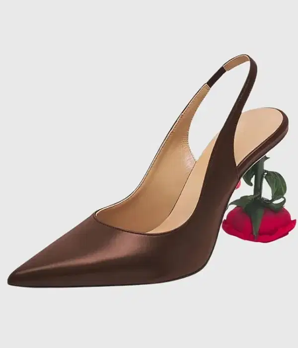Brown Satin Rose Heeled Shoes - Shoes
