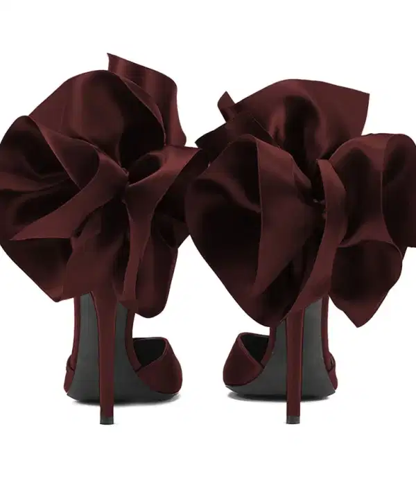 Brown Satin Ruffle Flower Pumps - Shoes
