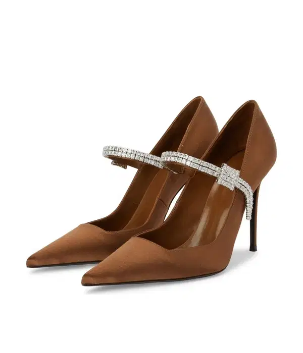 Brown Satin Pointed-Toe Crystal High Heels - Shoes