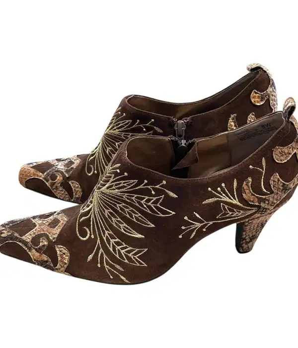 Brown Snakeskin Embroidered Heels - Shoes