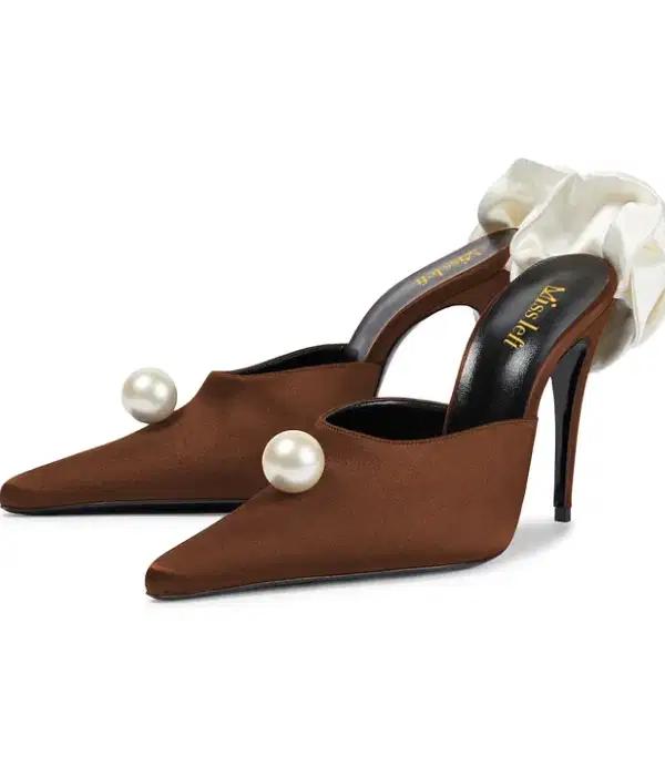 Brown Satin Pearl Mules - Shoes