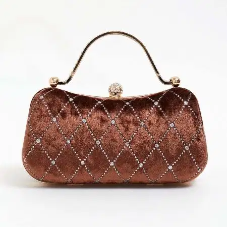 Brown Diamond Pattern Velvet Clutch - Purses