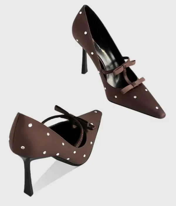 Polka Dot Brown Satin Pumps - Shoes