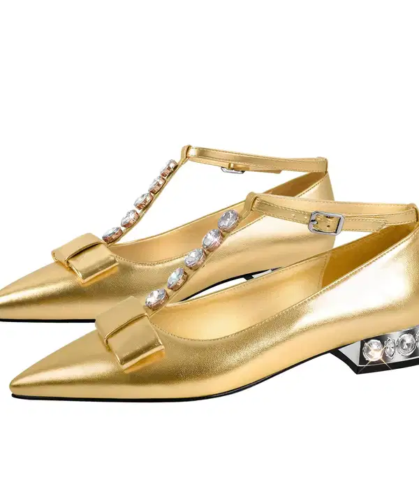 Rhinestone Gold Ankle Strap Flats - Shoes