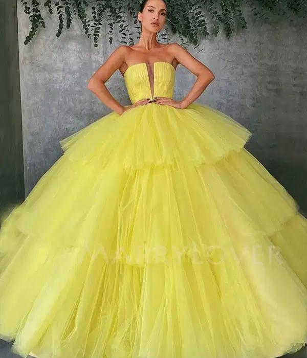 Deep V Neck Ball Gown in Yellow - Dresses