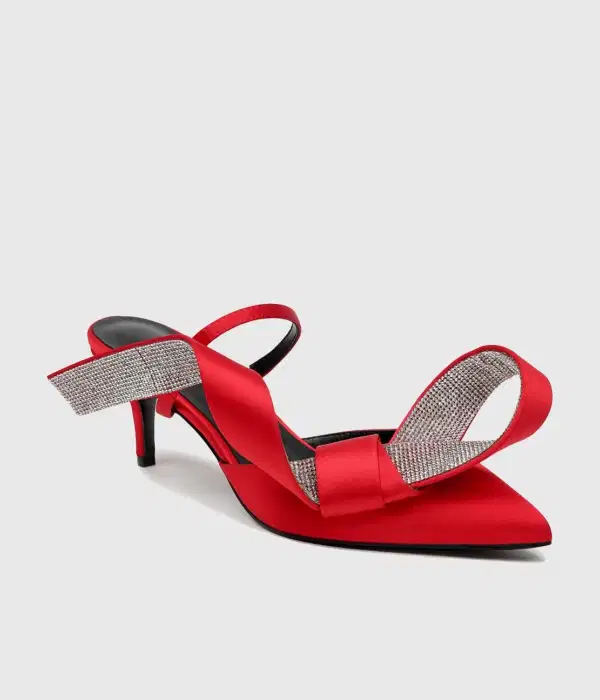 Crocifissa Bow Satin Mules In Red - Shoes